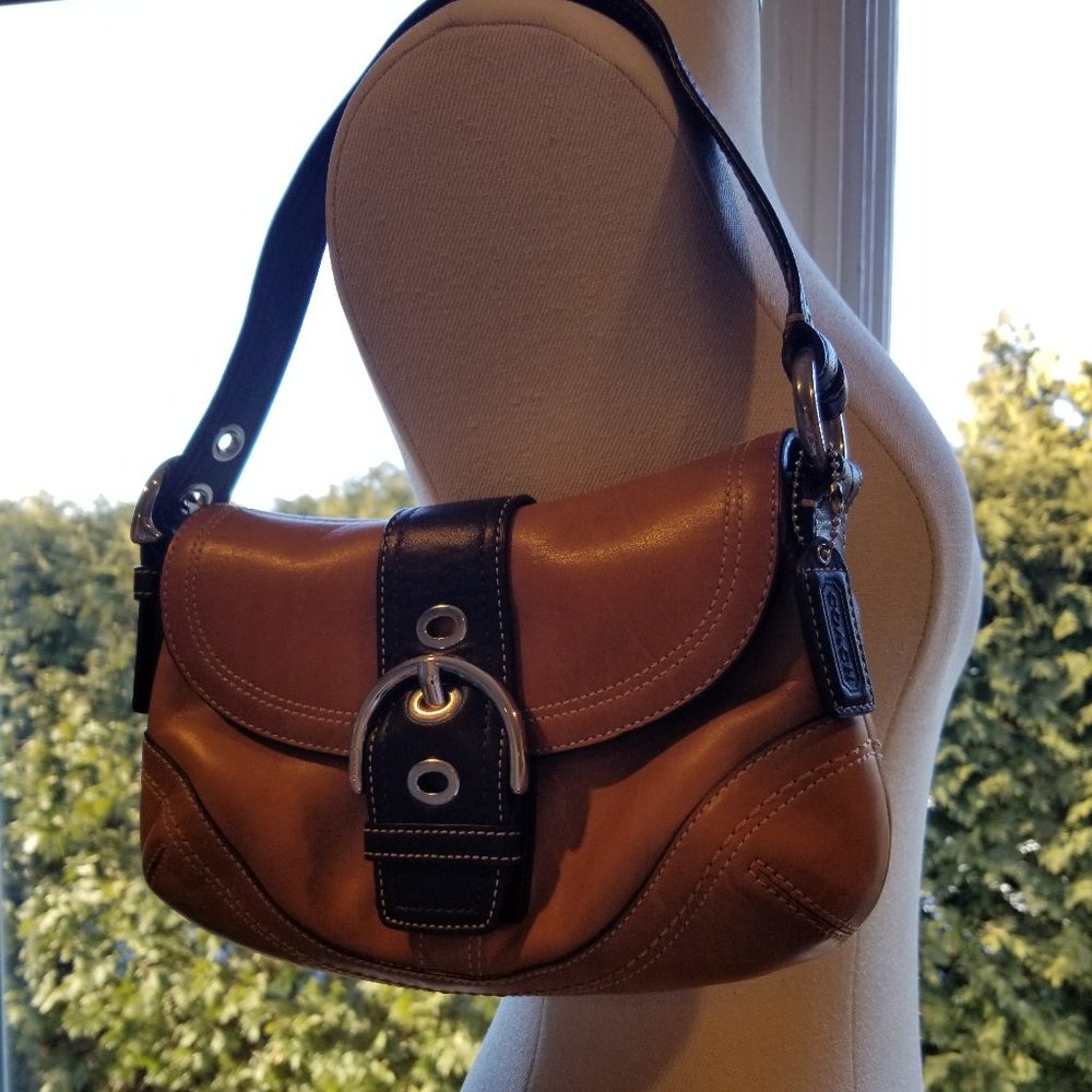 Vintage Coach Leather Soho Two Tone Brown Buckle Flap Medium Shoulder Bag